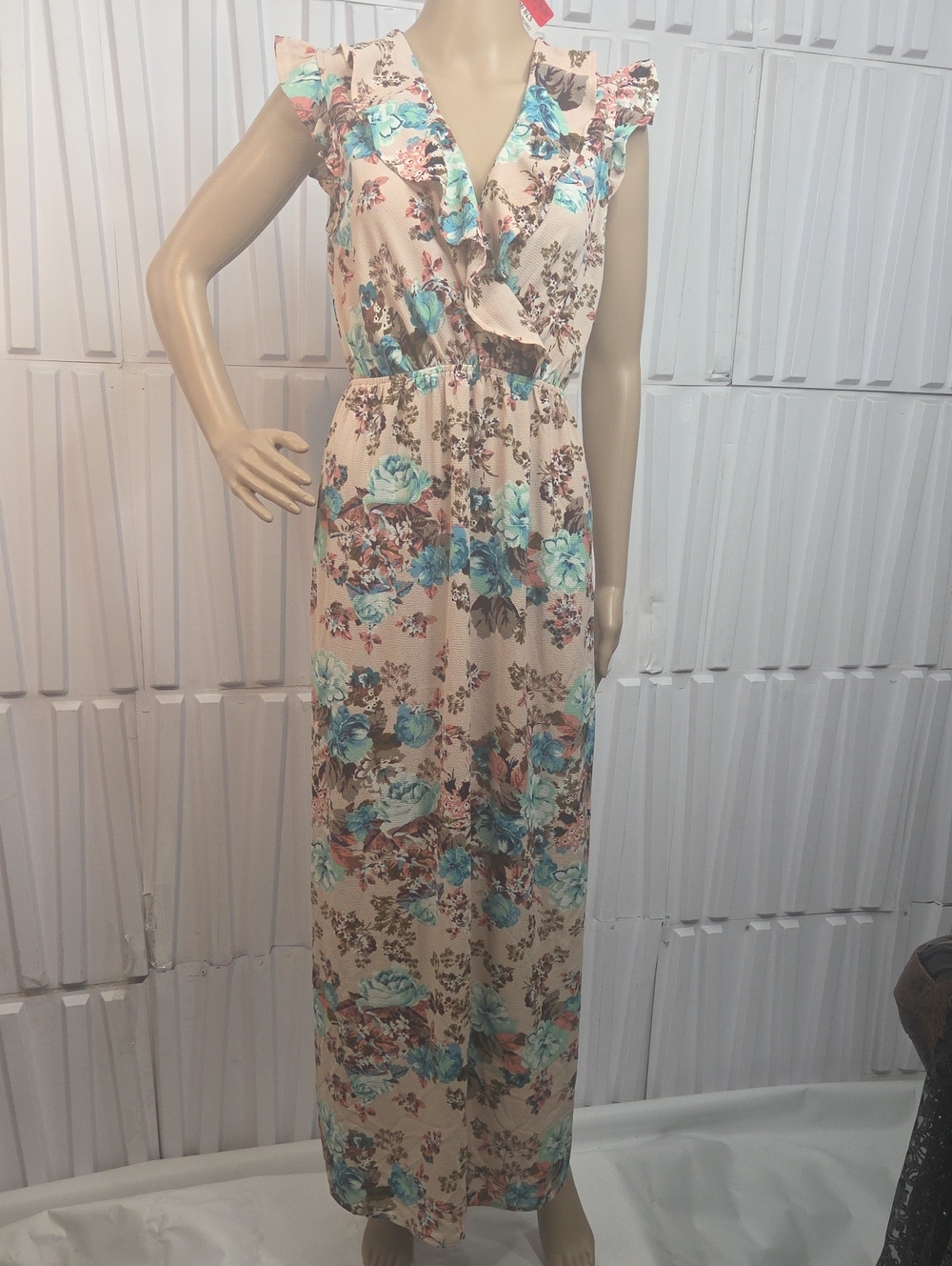 NWT Monteau Boho Teal & Blue Floral Side Slit Maxi Dress S